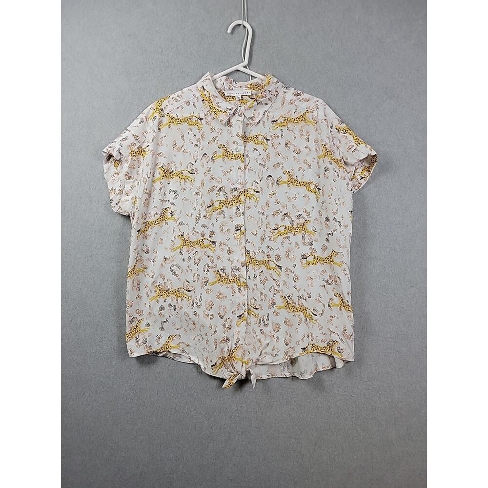 NWT Jane + Delancey White Novelty Cheetah Print SS Button Up Shirt Women's Large